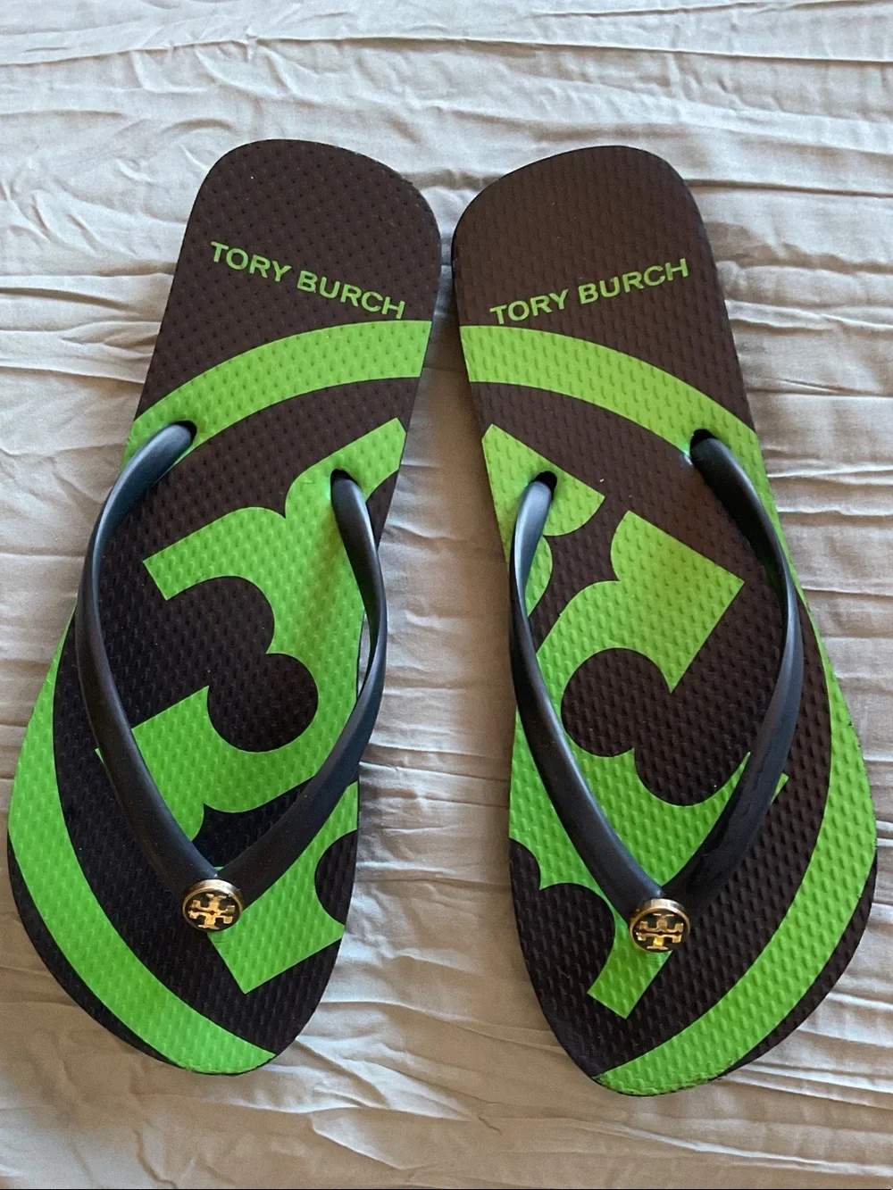 Tory Burch Navy Flip Flops with Lime Green Logo Accent